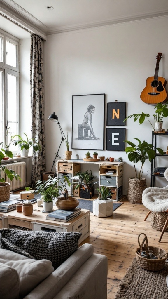 Cozy apartment with repurposed furniture, plants, and a guitar.
