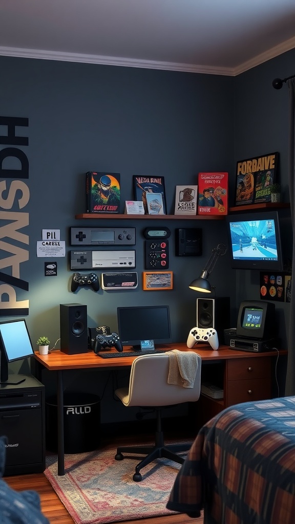 A cozy retro video game corner with shelves displaying games and consoles.