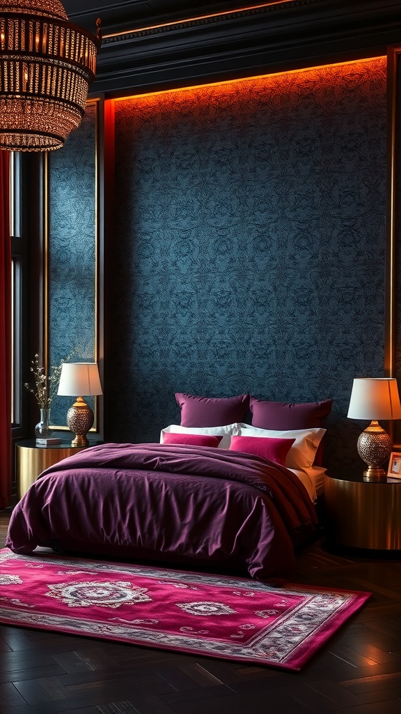 A luxurious bedroom featuring a dark blue accent wall, purple bedding, and a pink area rug.