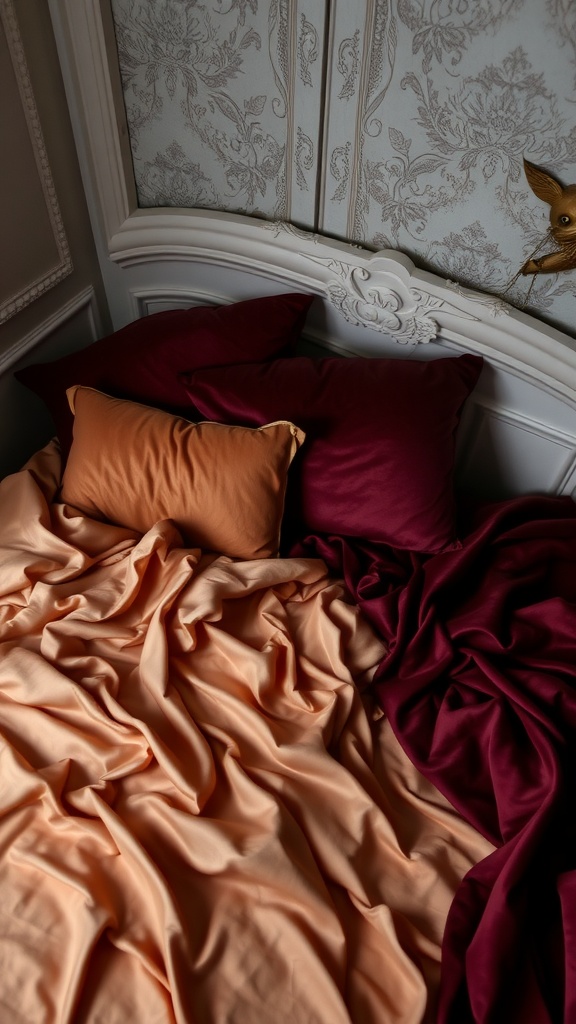 A close-up view of a bed with soft, flowing linens in warm peach and deep burgundy, enhancing a romantic feel.