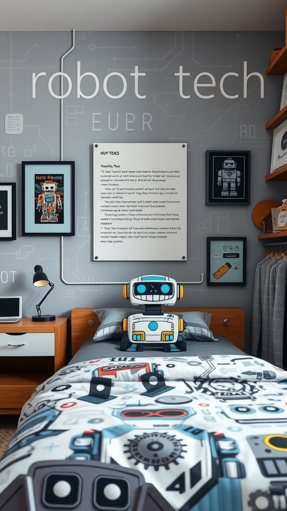 A boys bedroom with robot and tech decor, featuring themed bedding and wall art.