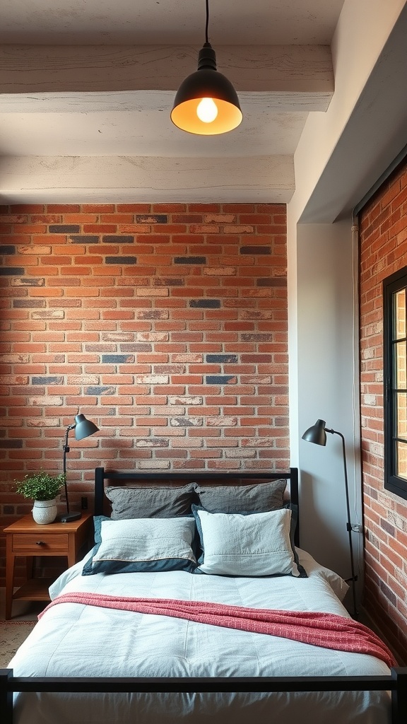 Bedroom featuring a rustic brick wall with decorative elements