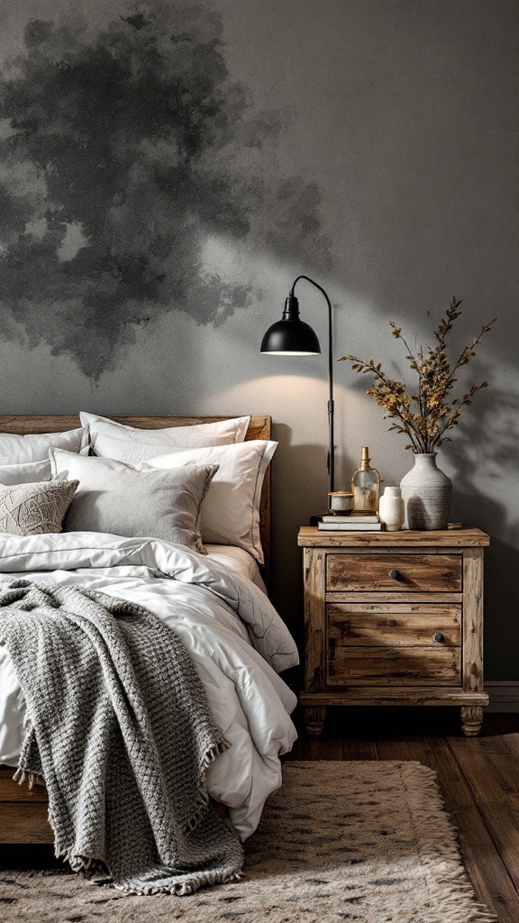A stylish bedroom featuring rustic grey elements with a wooden nightstand, cozy bedding, and a warm atmosphere.