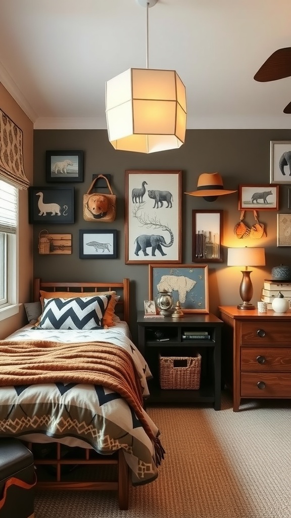 A cozy boys bedroom with safari-themed decor including animal prints and earthy colors