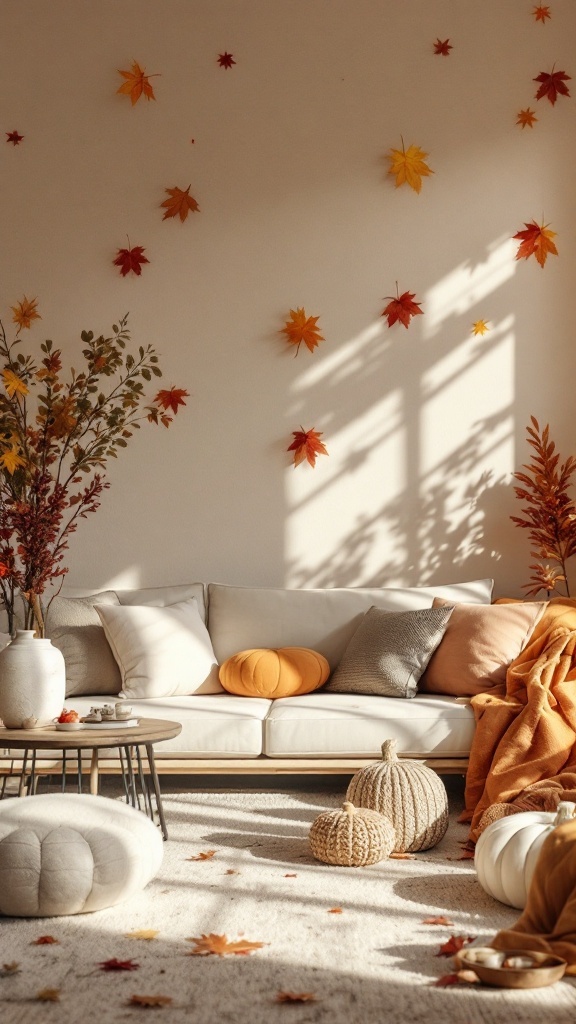 Cozy autumn apartment decor with leaves, pumpkins, and warm colors.