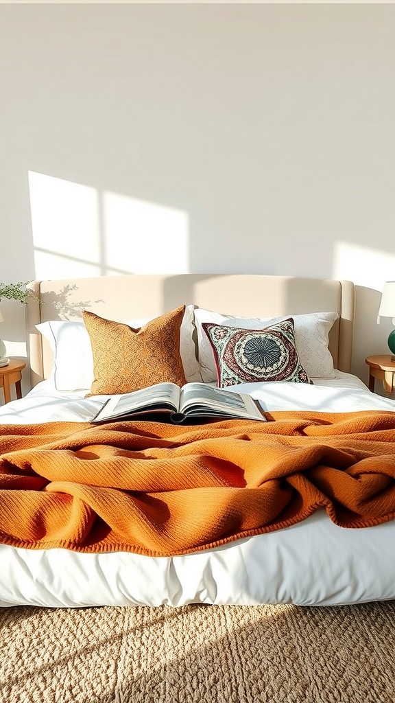 A neatly arranged king bed with an orange blanket and decorative pillows.