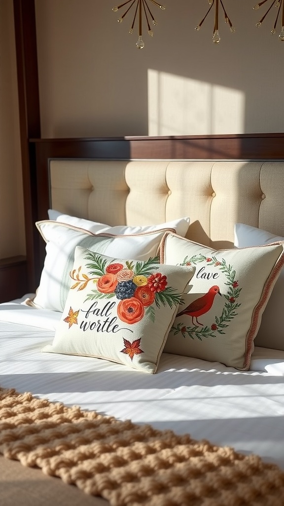 A king bed with decorative pillows featuring seasonal themes and bright designs.