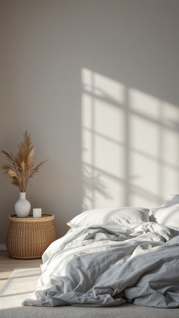 A serene bedroom featuring grey bedding, a woven basket, and a vase with decorative elements.