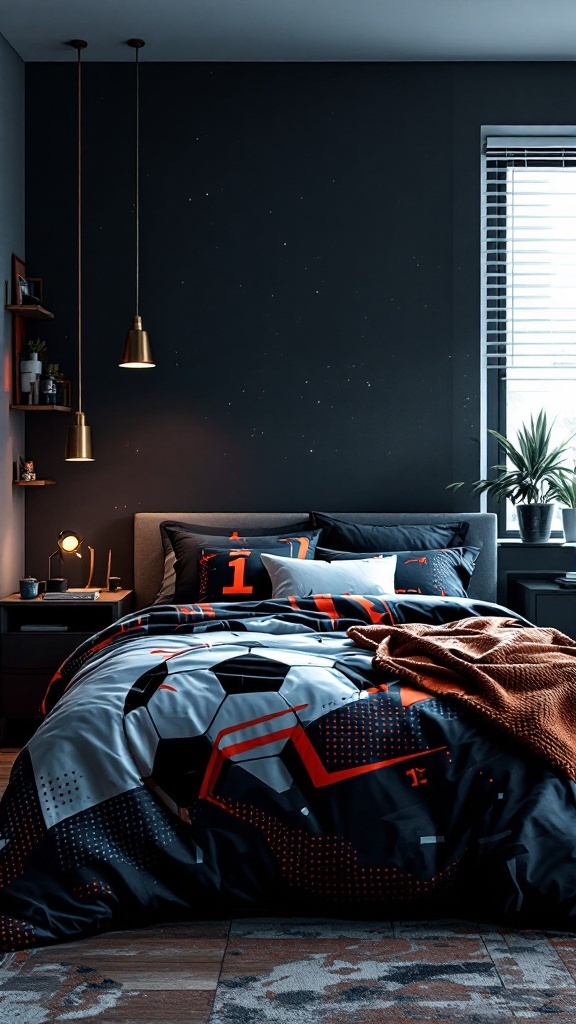 A modern teen boy bedroom featuring sleek football-themed bedding with a dark color scheme.