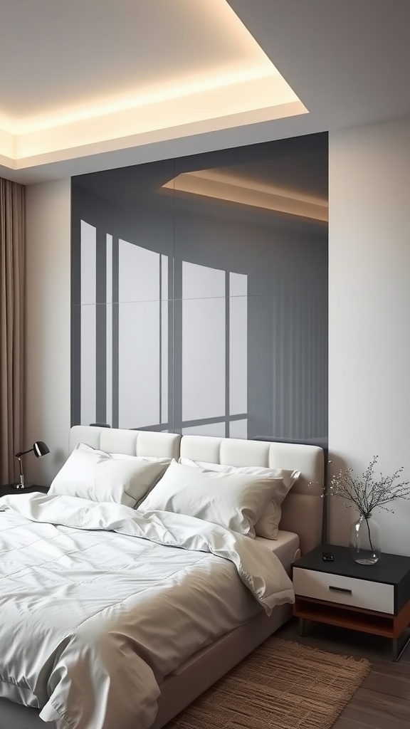 Modern bedroom with a sleek glass tile accent wall behind the bed.