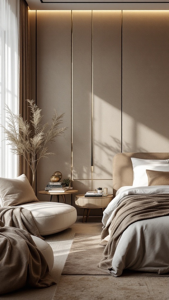 A modern luxury bedroom featuring minimalistic design with rich textures, soft tones, and cozy furnishings.