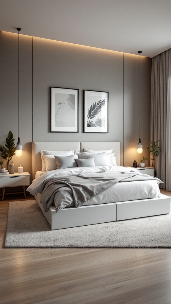 Modern luxury bedroom featuring a sleek platform bed with integrated storage.
