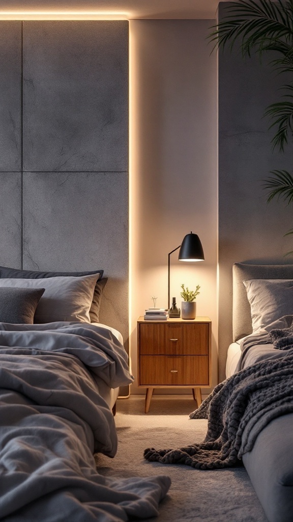 A modern luxury bedroom featuring soft bedding and a stylish nightstand with a lamp.