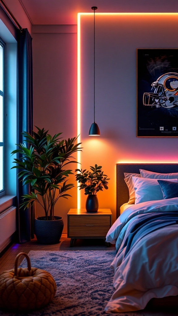 Modern teen boy bedroom with smart lighting, featuring LED strips and pendant light.