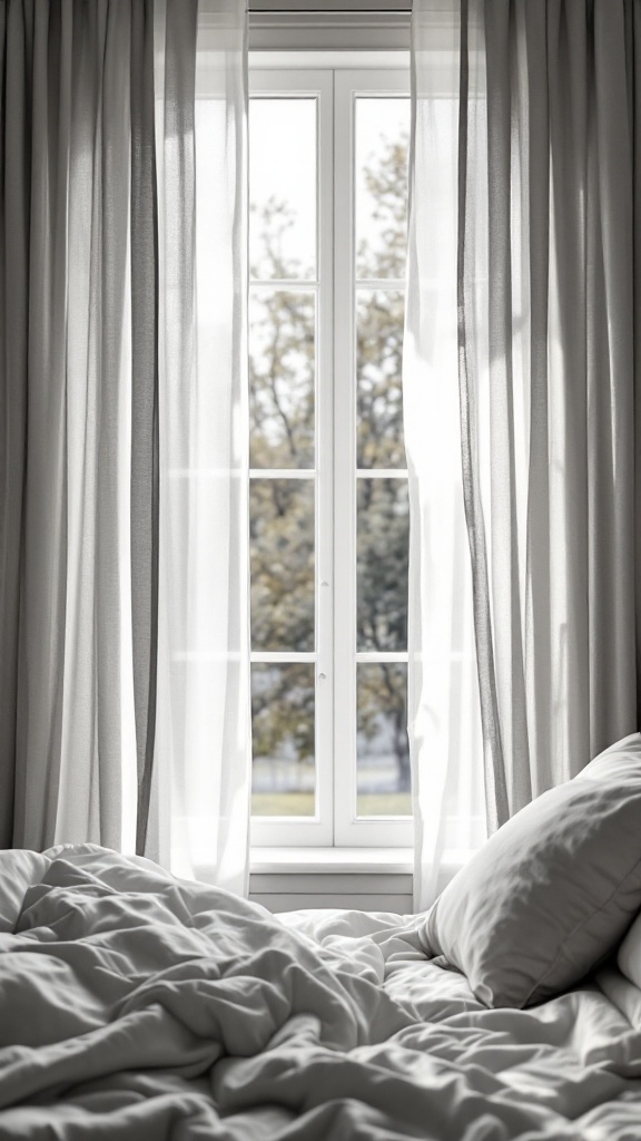 Soft grey drapery framing a window in a cozy bedroom with a bed and pillows.