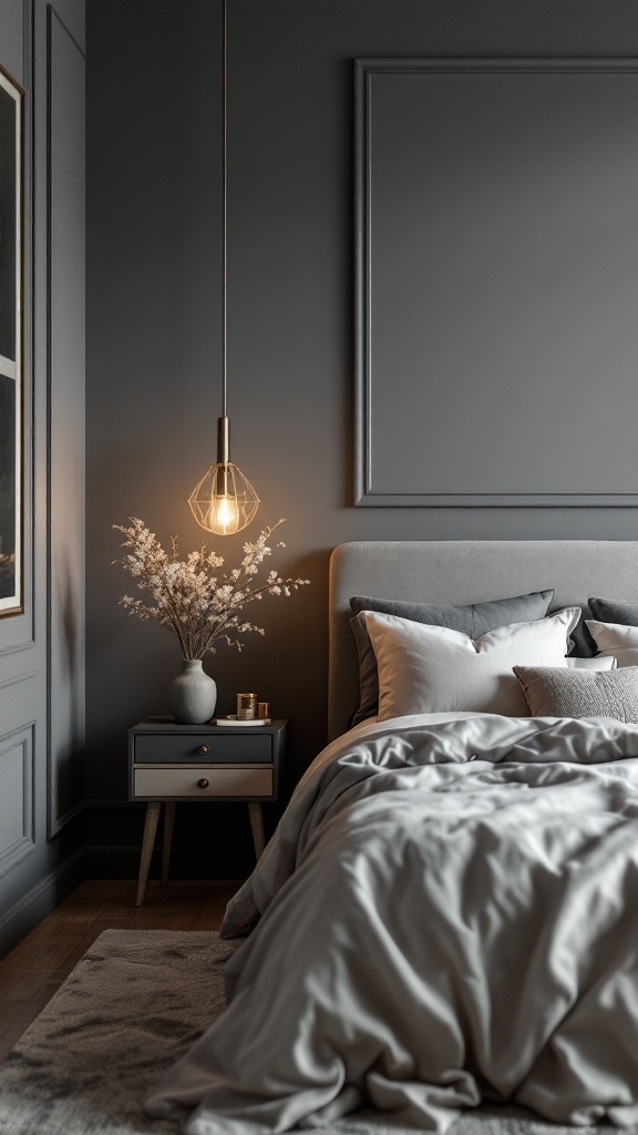 A stylish grey bedroom featuring soft bedding, a modern pendant light, and a touch of nature with a floral arrangement.