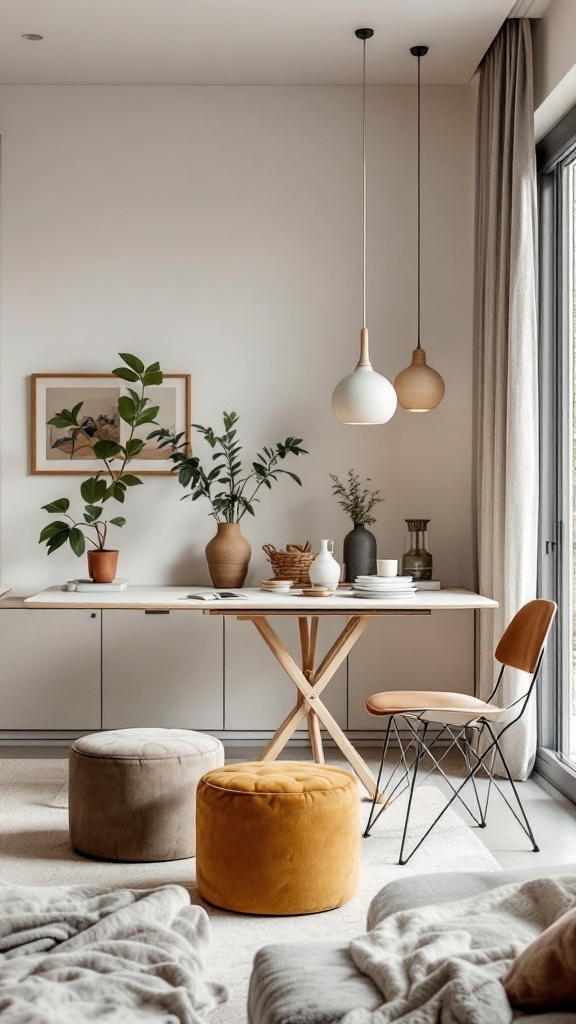 A cozy apartment dining area featuring a multi-functional table and colorful poufs.
