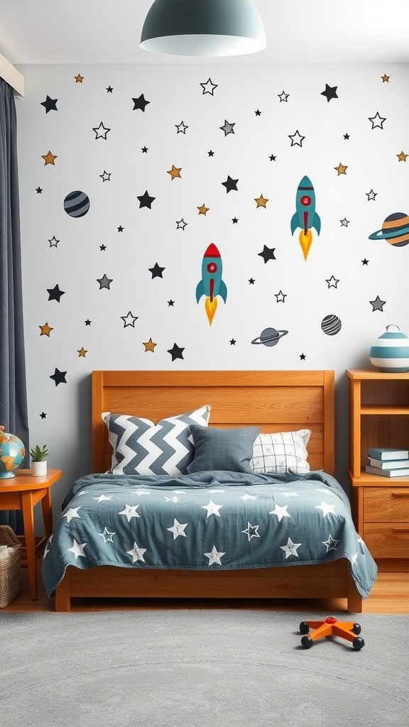 A boys bedroom with a space exploration theme featuring rocket and planet wall decals.