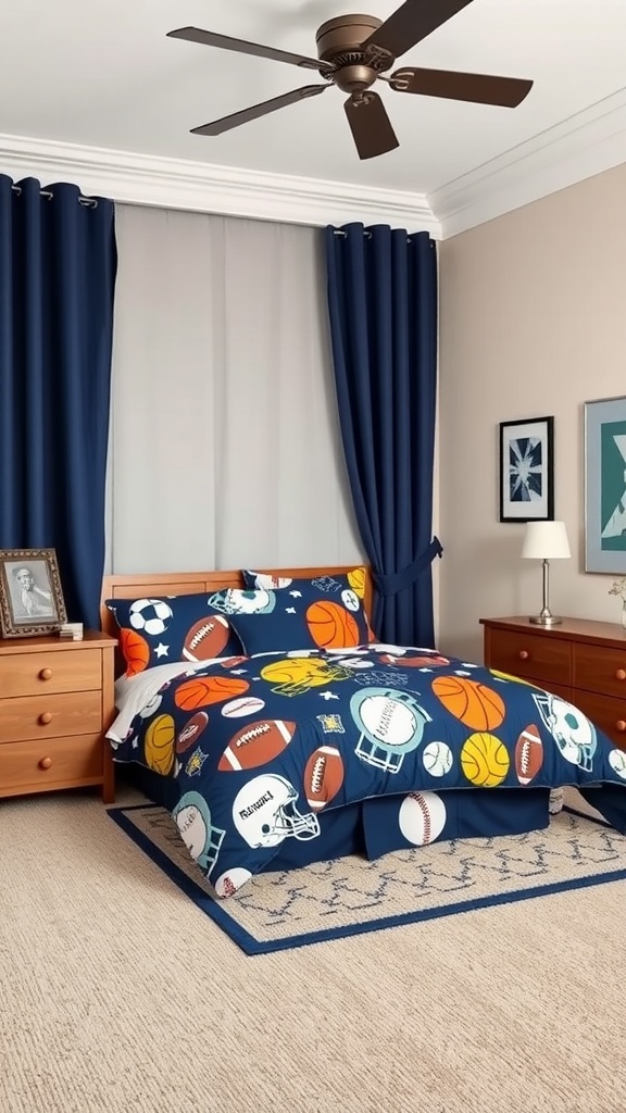 A cozy boys bedroom featuring sports-inspired bedding with various sports balls.