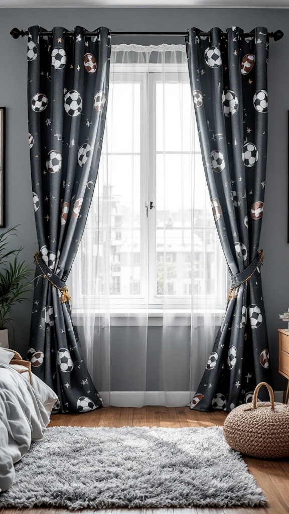 Sporty window treatments with football patterns in a modern teen boy bedroom