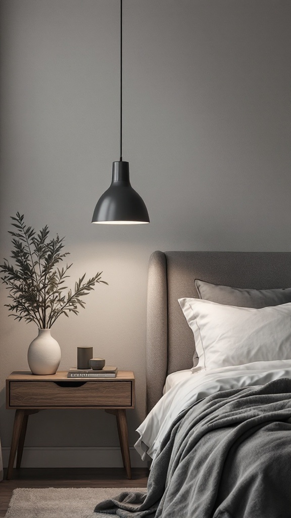 A stylish bedroom featuring a grey pendant light above a nightstand with soft bedding and a plant.