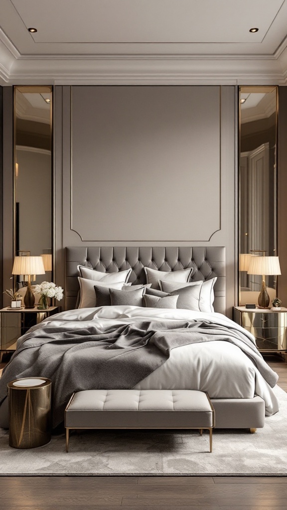 A modern luxury bedroom featuring a stylish statement headboard, elegant bedding, and chic nightstands.