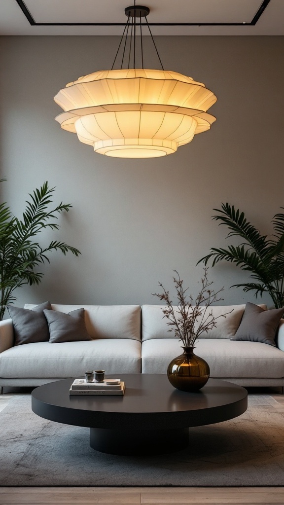A stylish multi-layered pendant light above a modern coffee table and couch in a cozy living room.