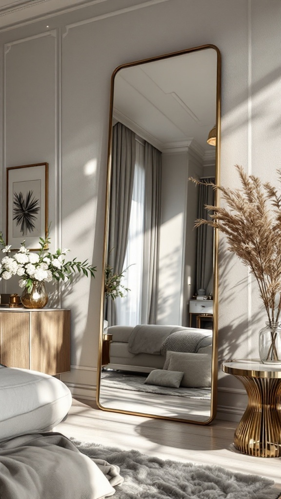 A modern luxury bedroom featuring a large statement mirror with a gold frame.