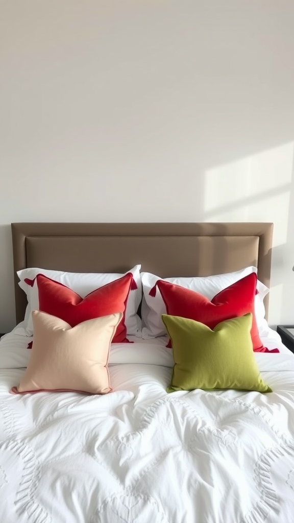 A king bed with an arrangement of bold red and green pillows, creating a stylish and inviting look.