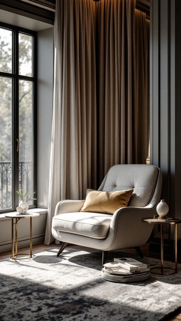 Stylish accent chair in a modern luxury bedroom setting