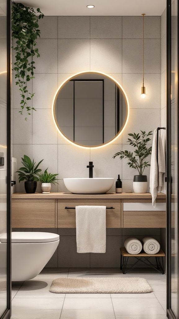 A modern bathroom featuring a round mirror with warm lighting, a wooden vanity, and plants.