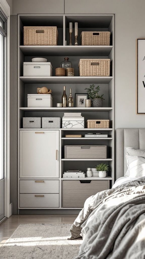 Modern bedroom storage unit with baskets and decorative items