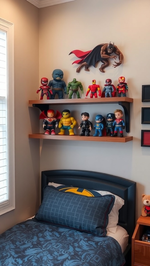 A display of superhero action figures on a shelf in a boy's bedroom.