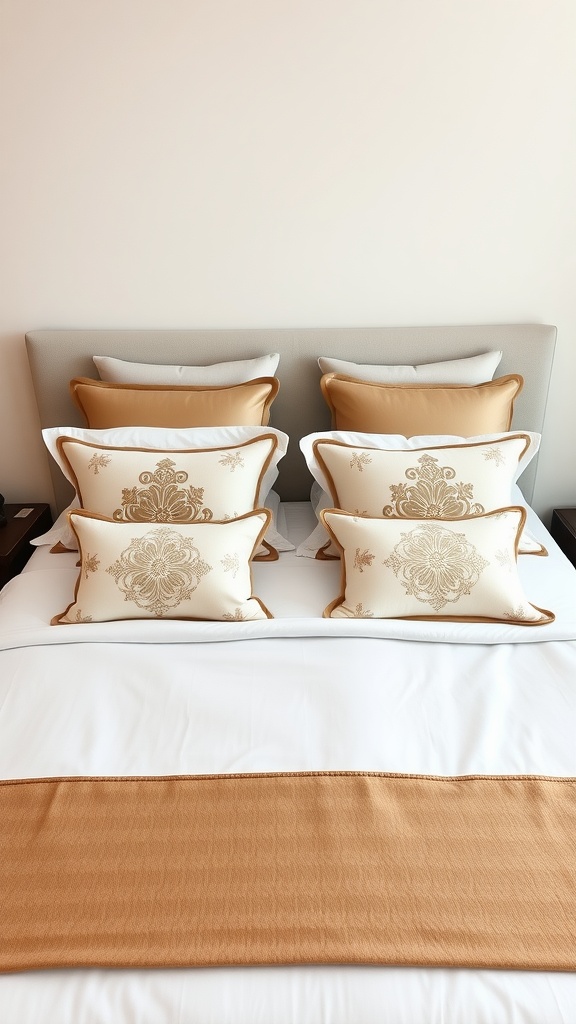 Symmetrical arrangement of pillows on a king bed with a beige and gold color scheme.