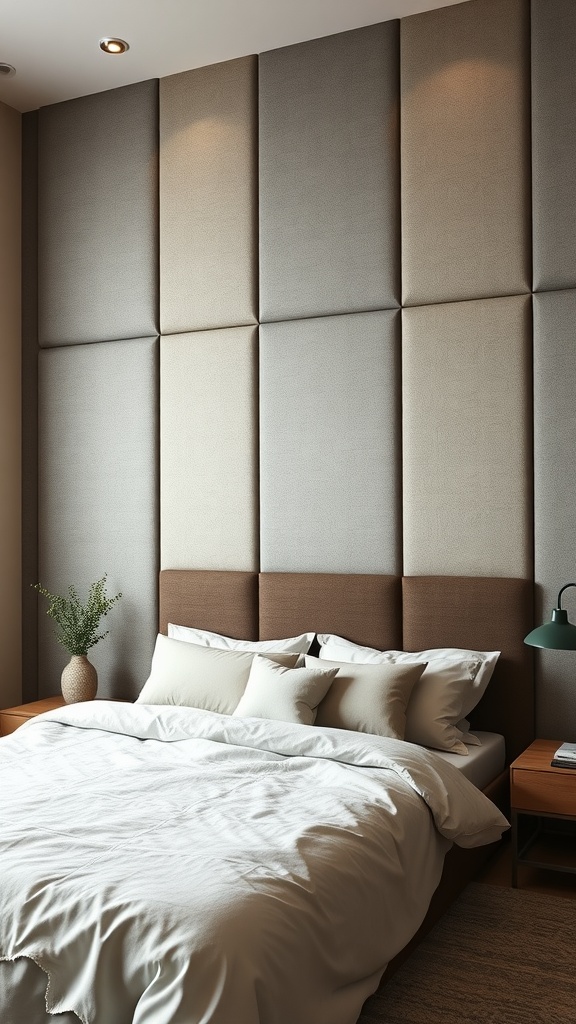 A bedroom featuring textured fabric panels on the accent wall in neutral tones.