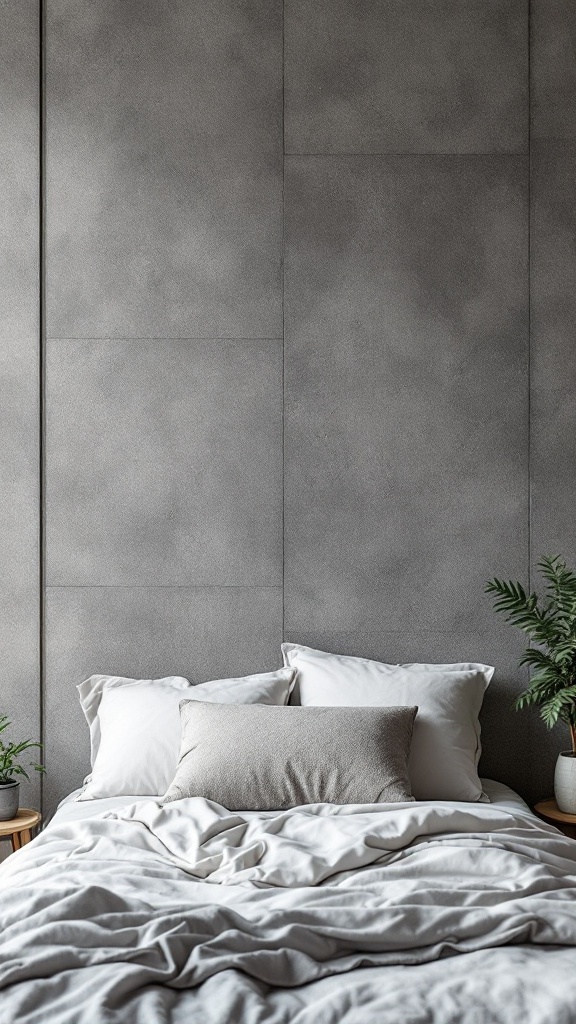 A cozy bedroom featuring textured grey wall panels and soft bedding
