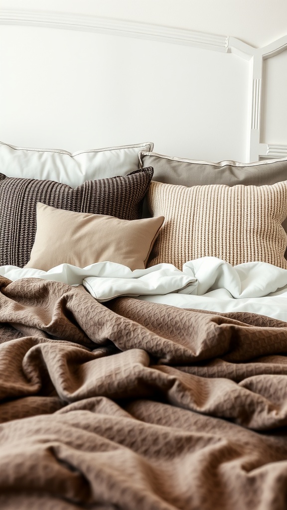 A cozy king bed with a variety of textured pillow cases in neutral tones.