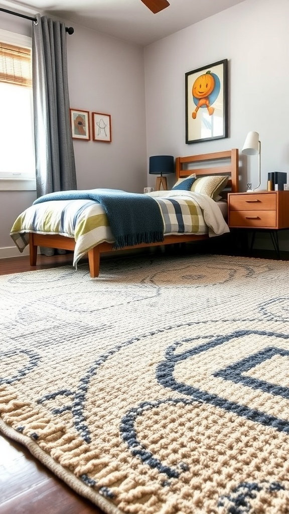 Cozy boys bedroom with textured rug, bed, and wall art.