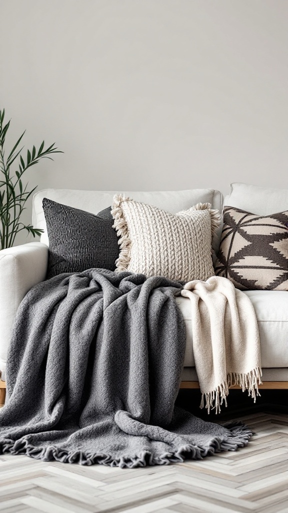 Cozy couch with textured throw pillows and blankets