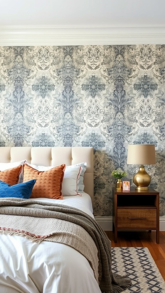 Cozy bedroom with textured wallpaper featuring bold letters, soft bedding, and decorative accents.