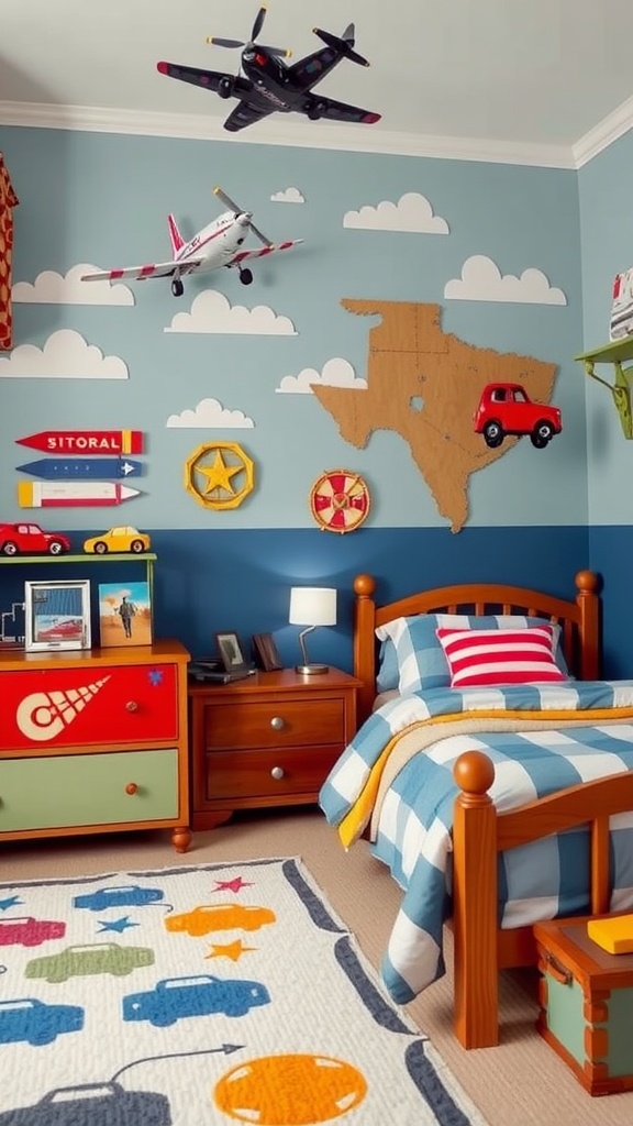 Boys bedroom decorated with cars and planes theme, featuring blue walls and a wooden bed.