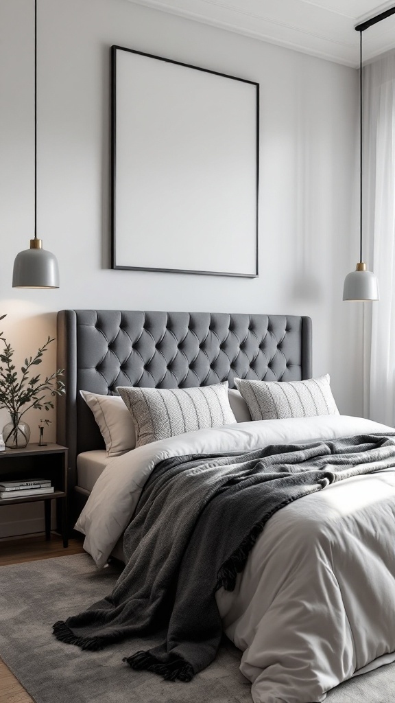 A stylish bedroom featuring a grey tufted headboard, soft bedding, and modern pendant lighting.