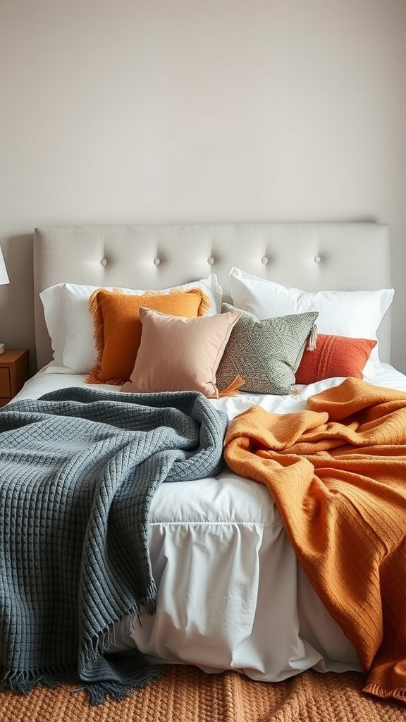 A king bed with a variety of colorful pillows and throws, creating an inviting space.