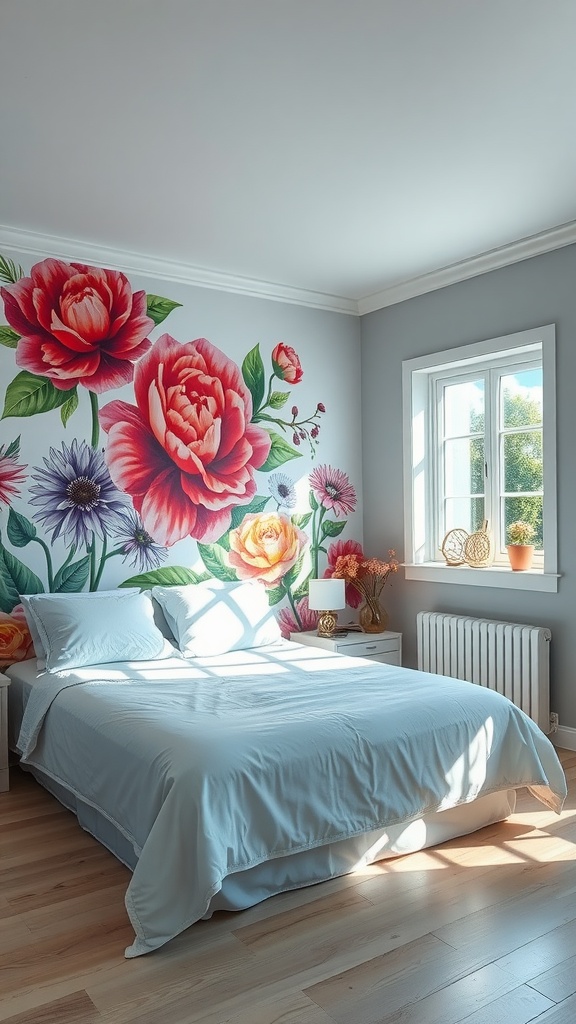 A bedroom featuring a vibrant floral mural above the bed, with large pink and red flowers and greenery, creating a lively atmosphere.