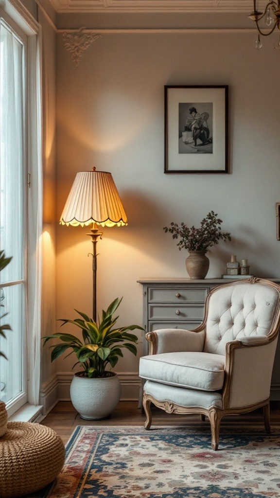 A cozy, vintage-inspired living room with an armchair, lamp, and decorative items.