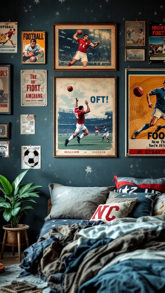 A modern teen boy bedroom featuring vintage football posters on a dark wall, with a cozy bed and decorative plants.
