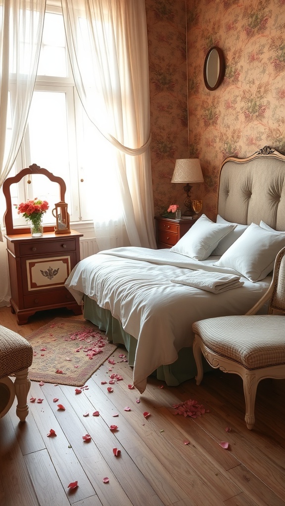 A cozy vintage bedroom with floral wallpaper, soft curtains, and scattered petals.