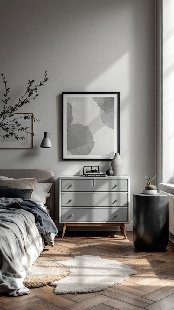 A vintage grey bedroom featuring a dresser, cozy bed, and soft lighting.