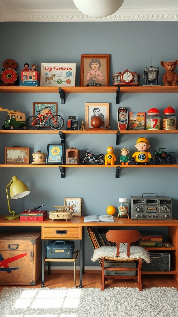 Colorful vintage toys displayed on shelves in a boys bedroom.