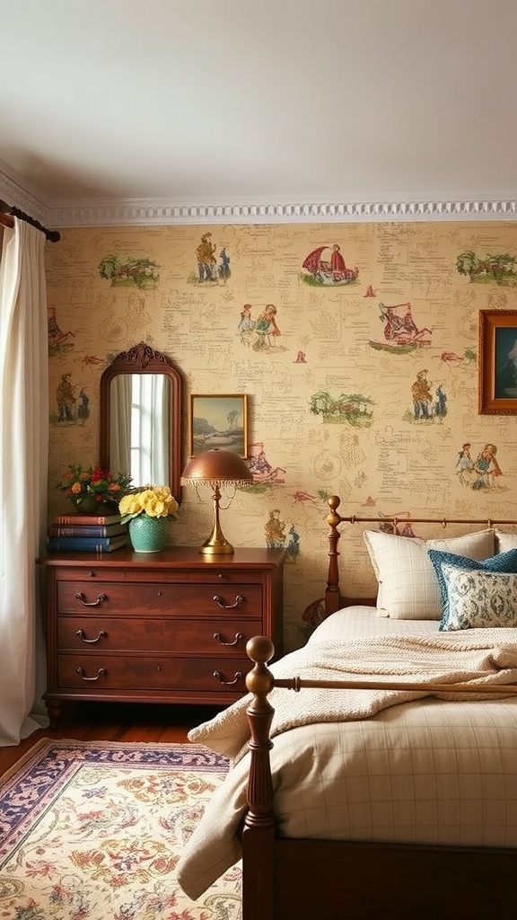 A cozy bedroom featuring vintage wallpaper with newspaper clippings and sketches, a metal bed, soft bedding, and a green bedside table.